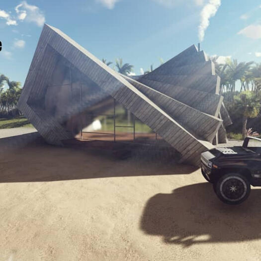 a small lodge visual with an angular roofline square, is the first in a series of tiny home design.