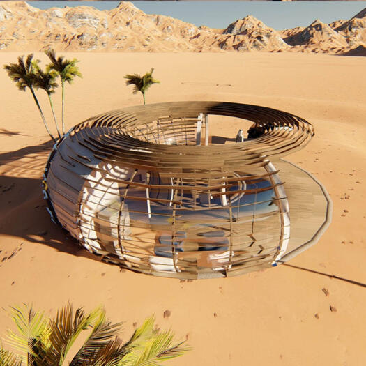 Named Enso with reference to its circular shape to provide the client with a 360 view; the circulation and the program is arranged along the semi- circle. The lodge will be located in the Arabian Oryx Protected Area.