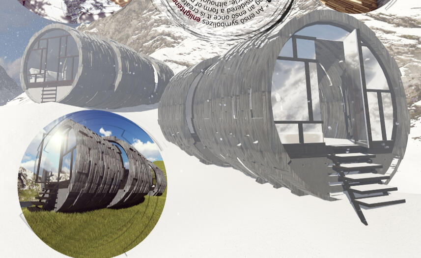 The Glitched O is currently still a concept. Inside the curved concrete walls, the home contains facilities for living, cooking and bathing.